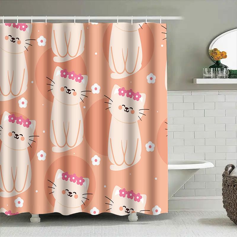 Adorable Cat Print Shower Curtain For Bathroom Decor Pink Floral Pattern High Quality Fabric Size: 72 X 84 Inches (180Cm X 210Cm