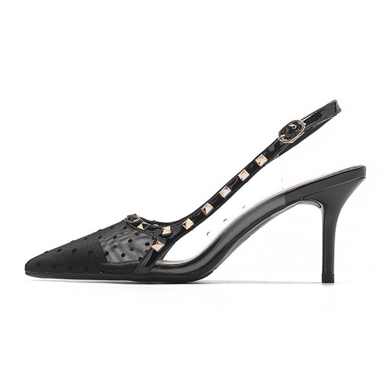 3-Pointed thin heel leather high heels bag head empty rivets high heel polka dot shoes are not tired feet single shoes