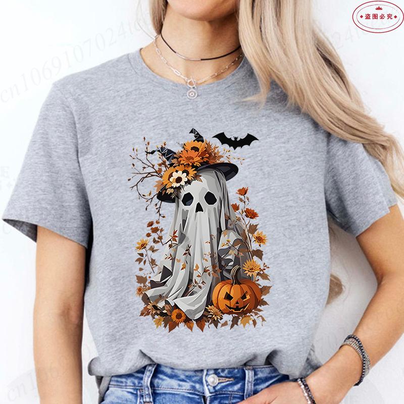 Halloween Boo with Pumpkin Print Womens TShirts Crew Neck TShirt Short Sleeve Casual Top for Spooky Season Womens Clothing