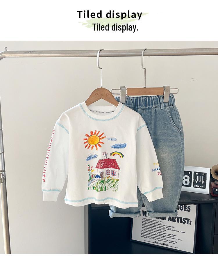 Nausicaa Spring 2025 Kids' Hand-Painted Korean-Style Cotton T-Shirt - Cute Long Sleeve for Boys & Girls