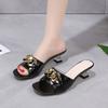 Women Slippers Mules Slides Shoes Female Clear Heels Sandals with Chain Low Heels Open Toe Outdoor Party Fashion Footwear Black