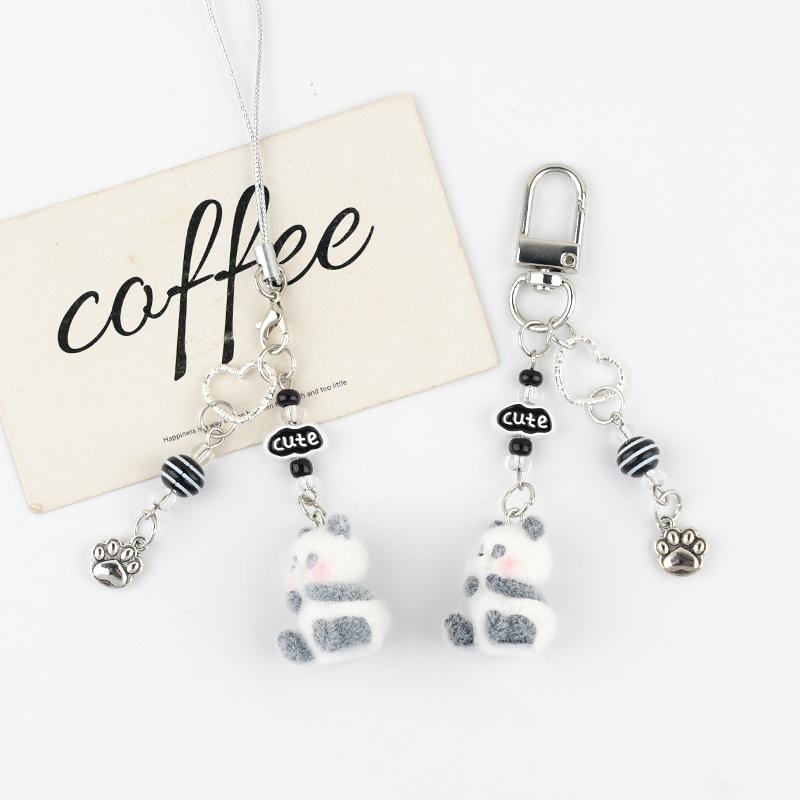 Cute Cartoon Flocking Panda Phone Lanyard  Panda Keychain Mobile Phone Chain Lovely Bag Pendant Couple Keyring