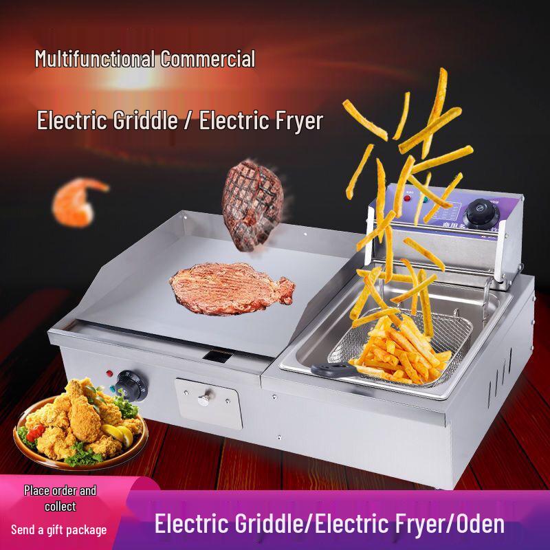 Commercial Electric Griddle & Deep Fryer Combo: Pancake, Squid, Noodles, and Steak Grill Teppanyaki.