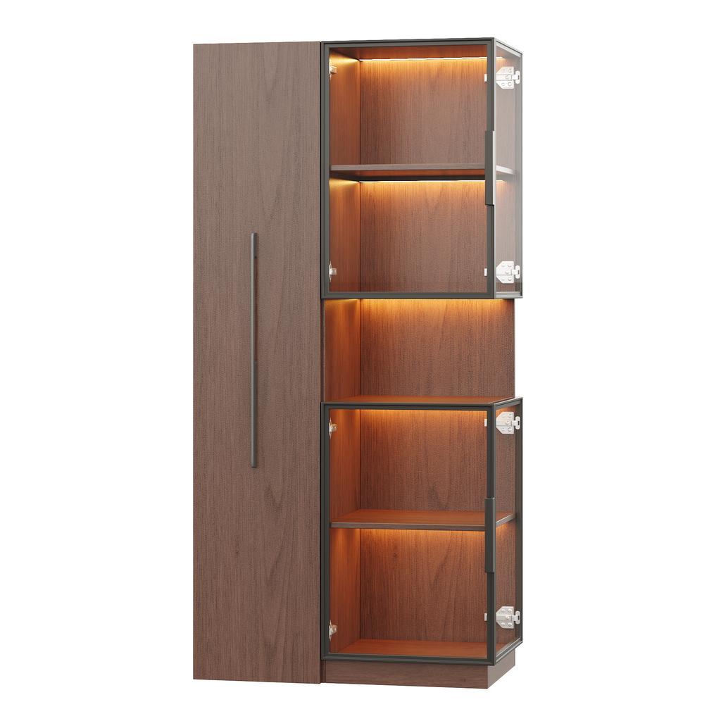 Display Cabinet 70×38×160 Cm with Pull-out Shelf – Double-glass Floor Display Case LED, MDF Cabinet Walnut, for Living Room, Dining Room, Kitchen