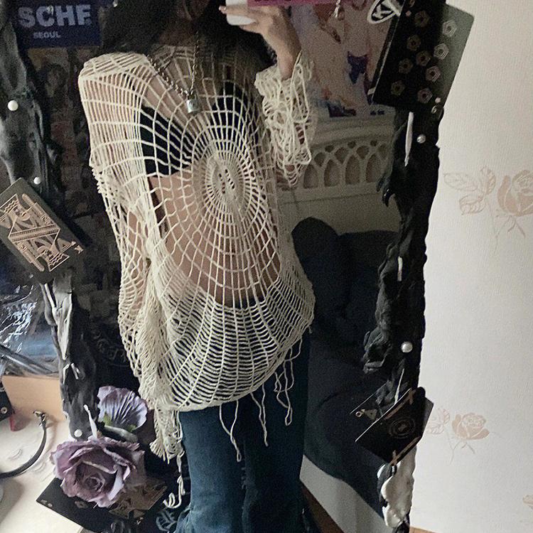 Y2k Clothes Vintage Spider Web Hollow-Out Hole Design Spice Girl Hooded Pullover Knit Top Sweater Women Korean Fashion Long Sleeve