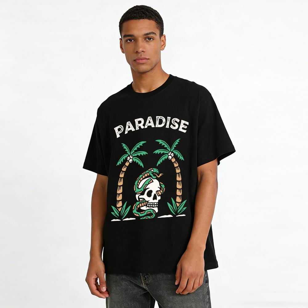 Vintage Paradies Totenkopf Schlange Kokospalme Druck Lässiges T-Shirt Reines Baumwoll-T-Shirt