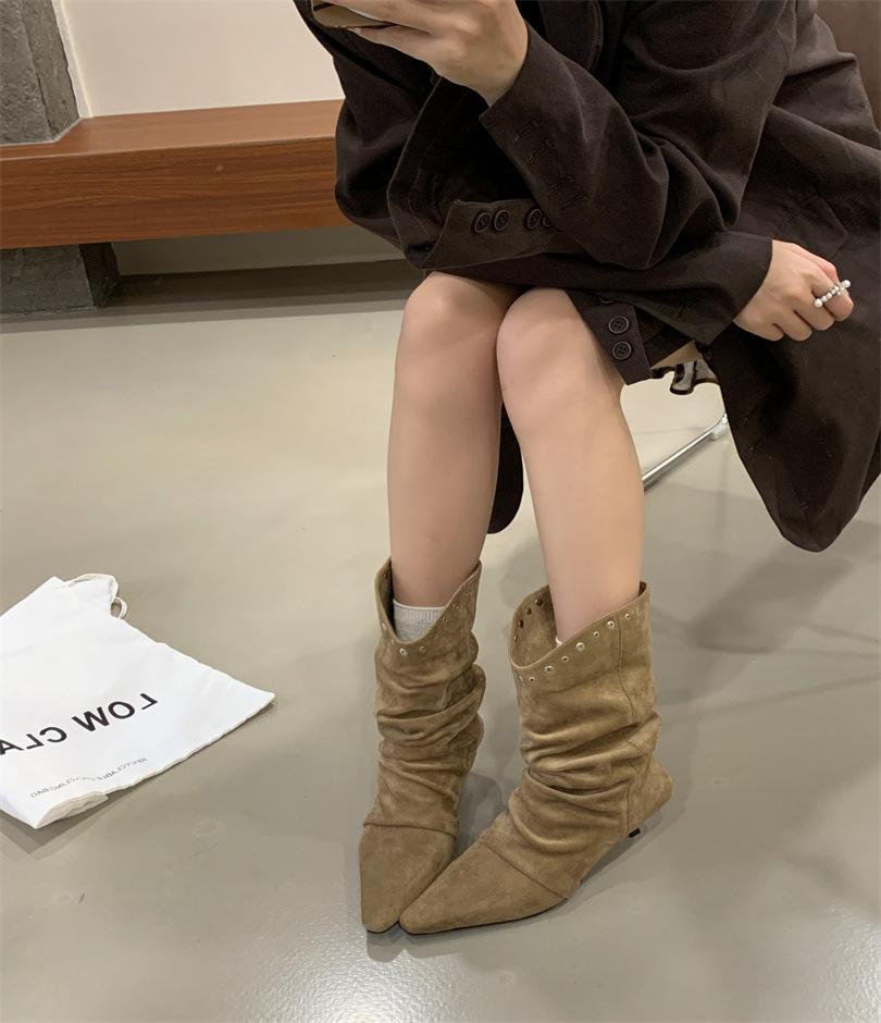 European and American fashion rivet pleated piled boots women's 2025 new suede small square head thin heel thin temperament short boots
