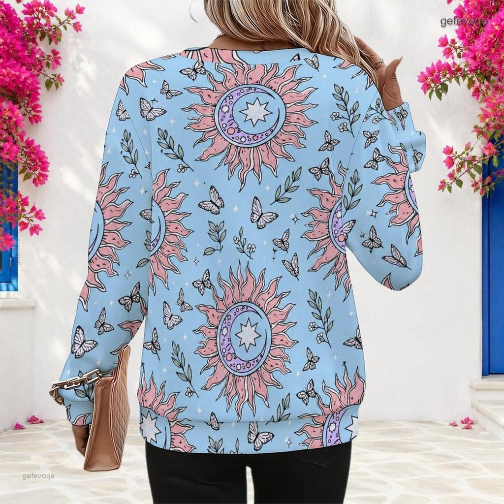 Women Plus Size Round Neck Long Sleeve Ribbed Cuffs Sun Moon Butterfly Print Light Blue Sweatshirt