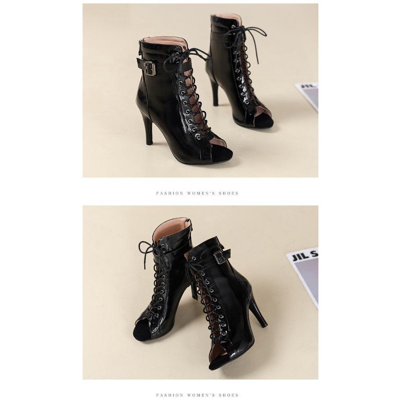 Högklackade skor Dam Sommar Temperament Fina Klackar Sandaler Urholkade Korta Stövlar Snörning