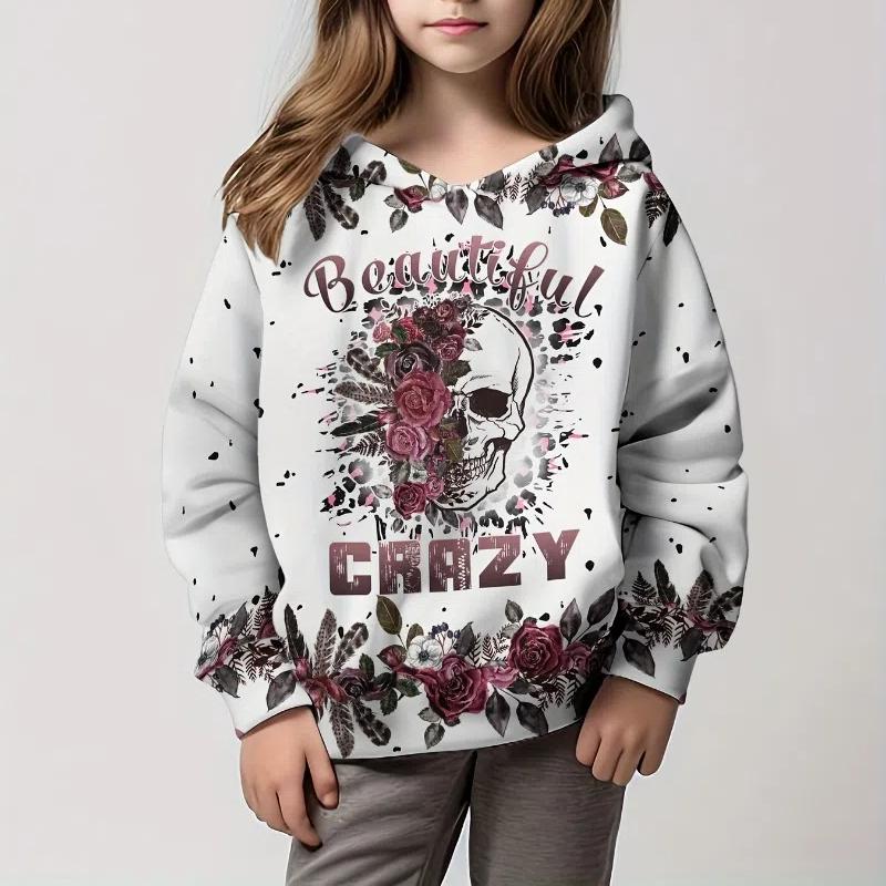 Hoodies Wunderschöner Totenkopf 3D-Druck Mädchen Pullover Sweatshirt Bequeme Passform Halloween Party Langarm Kinderkleidung Mädchen Tops