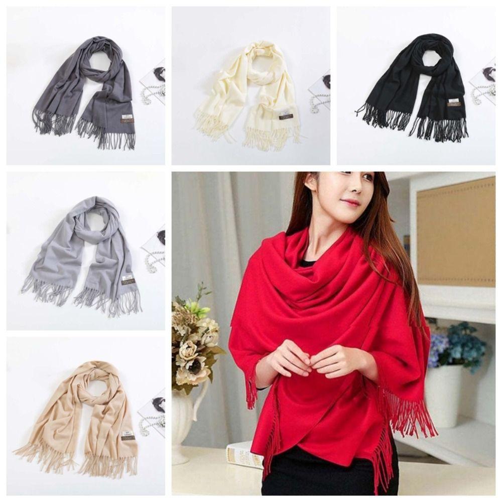 Soft Solid Color Shawl Windproof Long Neckscarf with Tassel Large Classic Wool Scarf  Outdoor