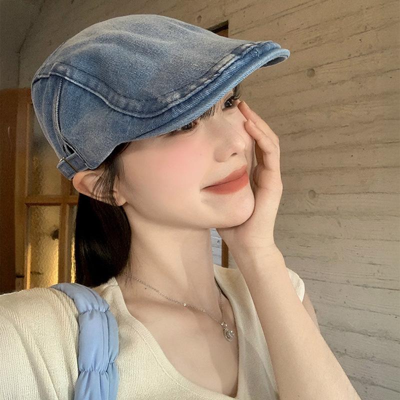 Retro Washed Denim Forward Hat Women's Korean Version Big Head Circumference Showing Face Small Beret British Style Literary and Art Newspaper 