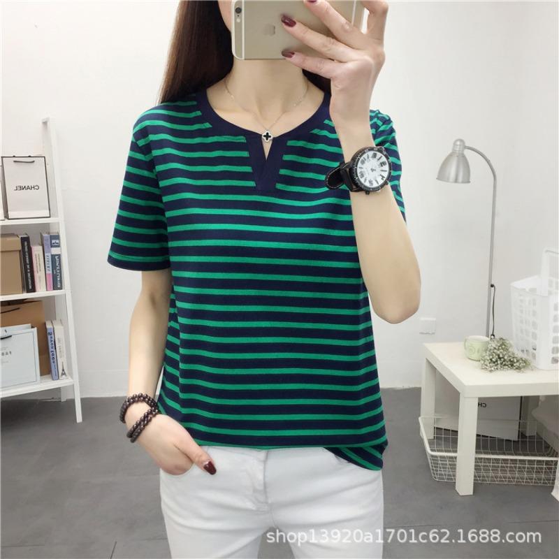 Striped Short-sleeved Women's Plus Size Loose Half-sleeved Body-hugging Pure Cotton Casual Top