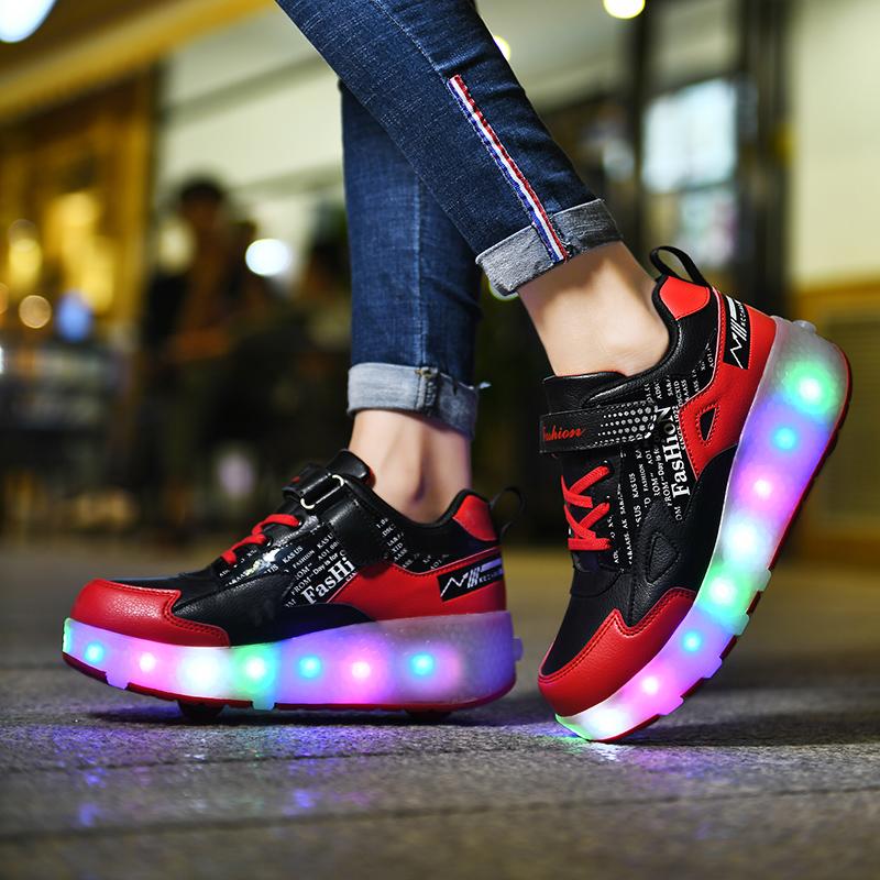 27-43 Detachable Wheel Boys/Girls Double Wheel Luminous Sneakers Can Be Charged Sneakers for Skating Kids Roller Skating Boots
