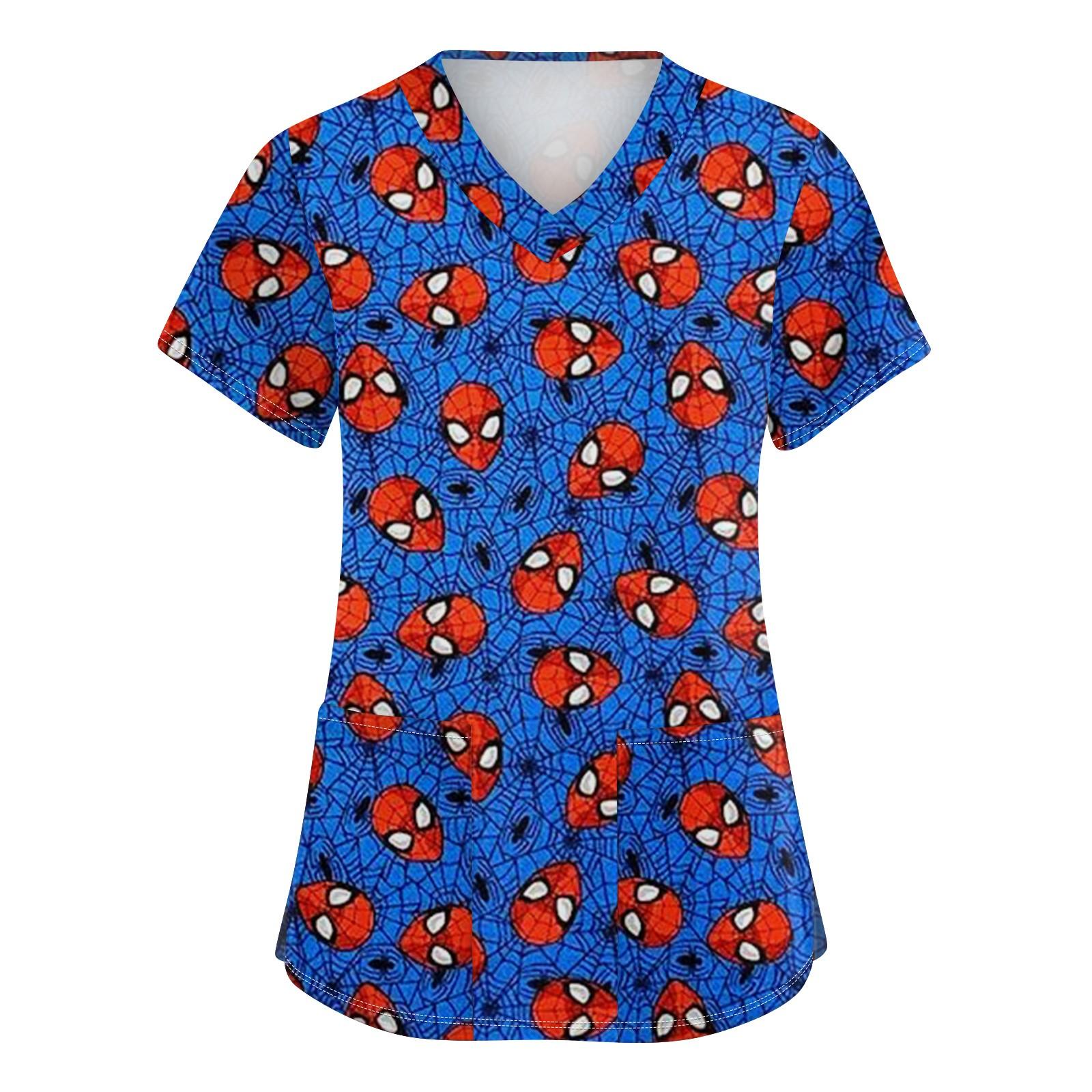 Women s Fashion V-neck Short Sleeve Workwear With Pockets Printed Tops XL