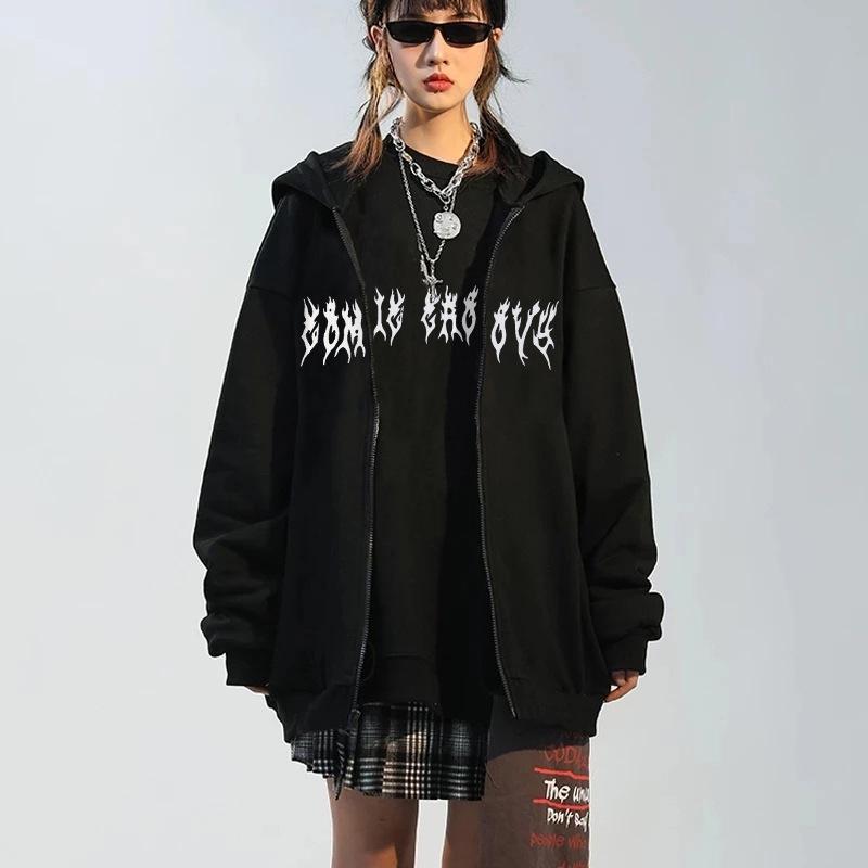 Harajuku Y2K Teufelsflügel Hoodie Jacke in Schwarz – Unisex Herbststil mit Reißverschluss und Kapuze