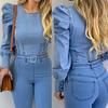 Damen Bluse Puffärmel Einfarbig Frühling Herbst Sexy Langärmlig Imitat Denim