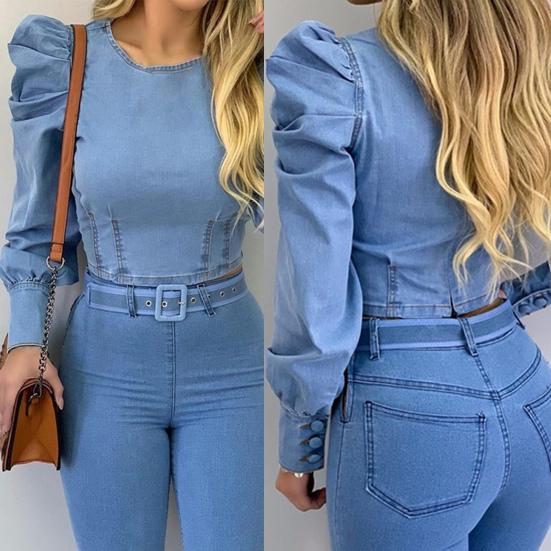 Damen Bluse Puffärmel Einfarbig Frühling Herbst Sexy Langärmlig Imitat Denim