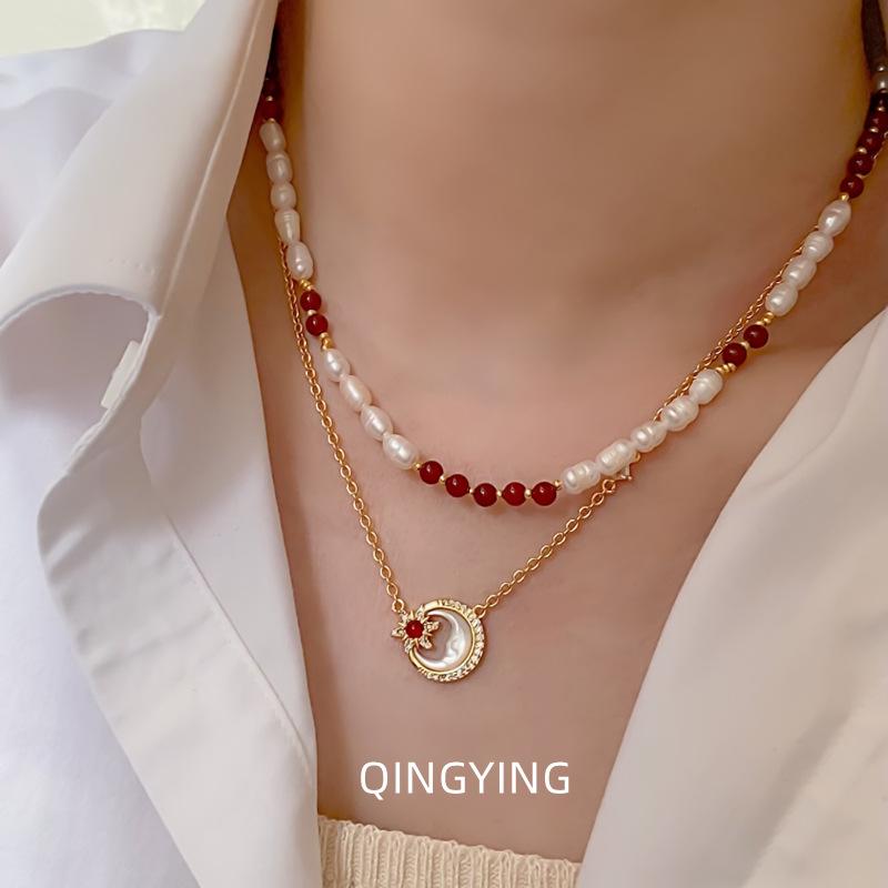 Elegant Red Agate and Freshwater Pearl Layered Necklace