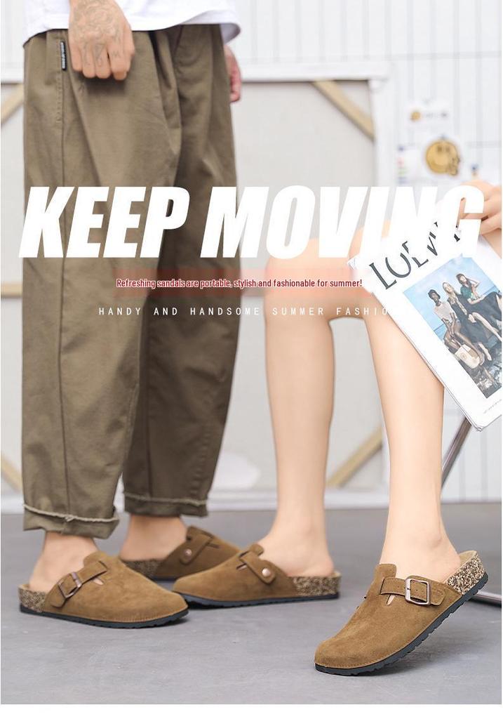 2026 Women's Retro Cowhide Platform Slippers - Half-Open, Soft Sole, Cork Toe Cap, Outdoor Couple's Shoes