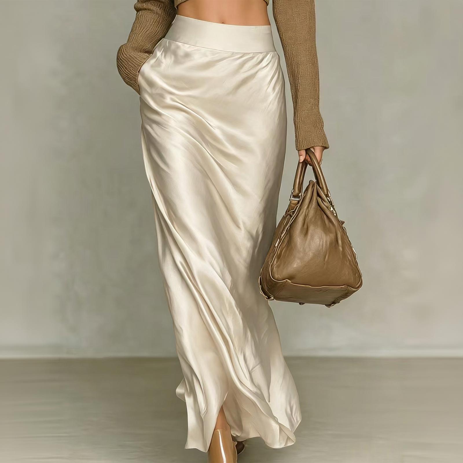 Women s Color Satin A-Line Skirt with High Waist and Elastic Waistband L