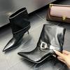 Sexy Pointed Toe Thin High Heel Ankle Boots Women Luxury Rhinestone Belt Buckle Decoration Botas For Women Elegant Party Shoes