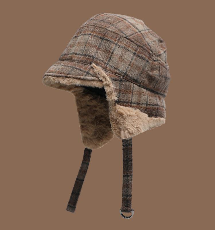 

Winter new plaid Lei Feng hat plush warm ear protection hat plush thickened cold cotton hat pilot hat M（56-58cm） хакі
