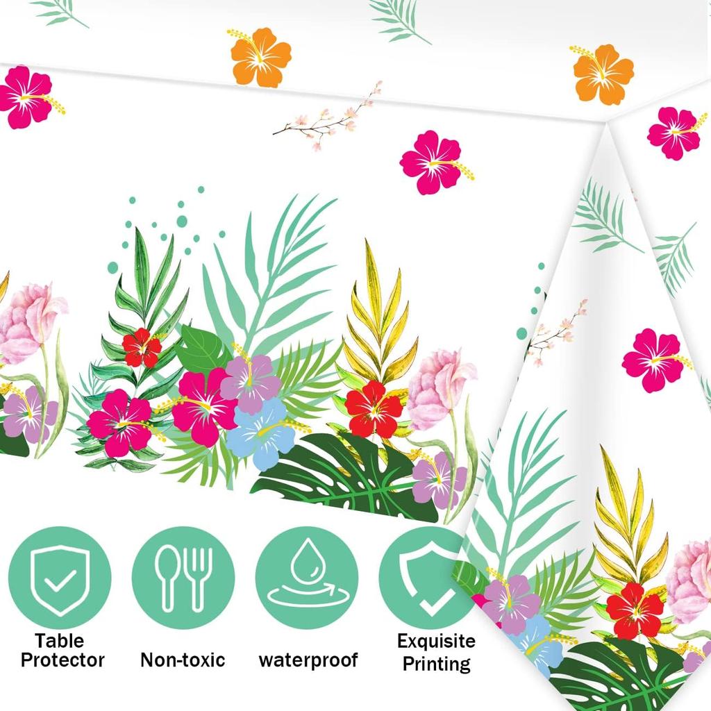 3 Pack Hawaiian Luau Tablecloths for Party Decoration, Hawaii Disposable Plastic Rectangular Table Covers, Aloha Tropical Palm Leaves Table Cloth,