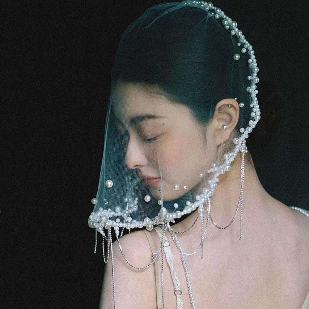 Tassels Wedding Veils Pearls Beads Bride Head Gauze Elegant Brides Veil Bride Jewelry