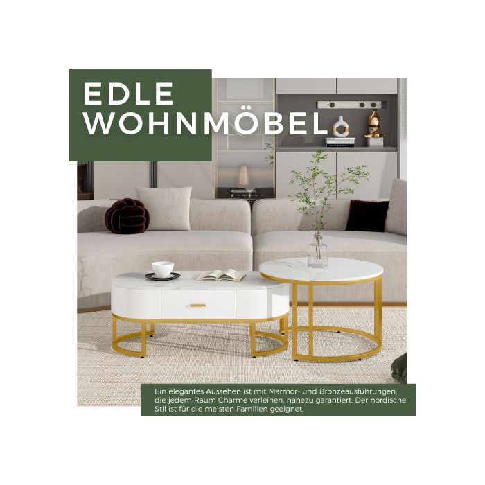 Tables Basses 2 Pièces Piètement Métal Doré, Tables De Salon Nobles, Tables Gigognes Modernes