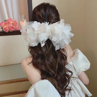 Horquilla con lazo 3D floral de primavera: Clip de cola de caballo con flores de malla para mujer