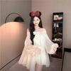 Holiday style bow one-word shoulder chiffon dress summer new gentle wind small loose A-word skirt