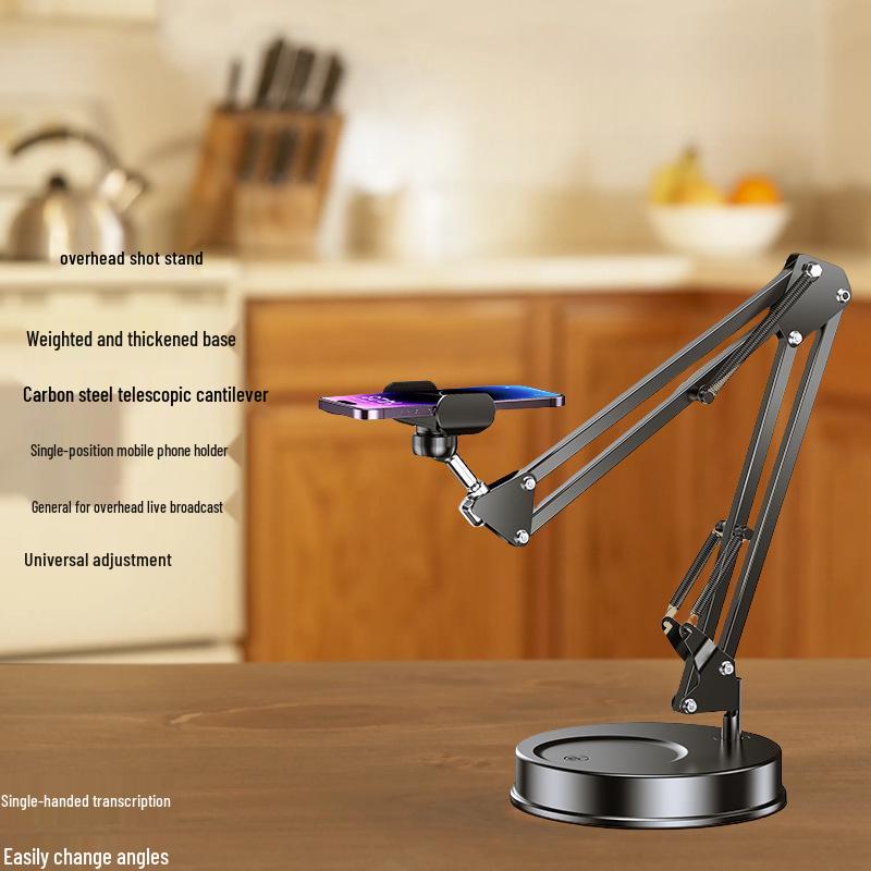 

Live Streaming Mobile Phone Holder with Fill Light and Stand for Overhead Shooting, Food Photography, & Video Recording. Carbon Steel Boom with Weighted Base