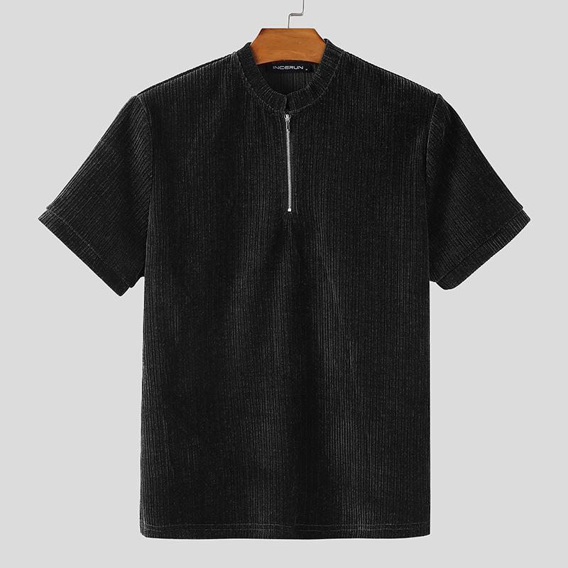 INCERUN Men Zip-up Neck Short Sleeve Texture Rib Casual T-Shirts Tops