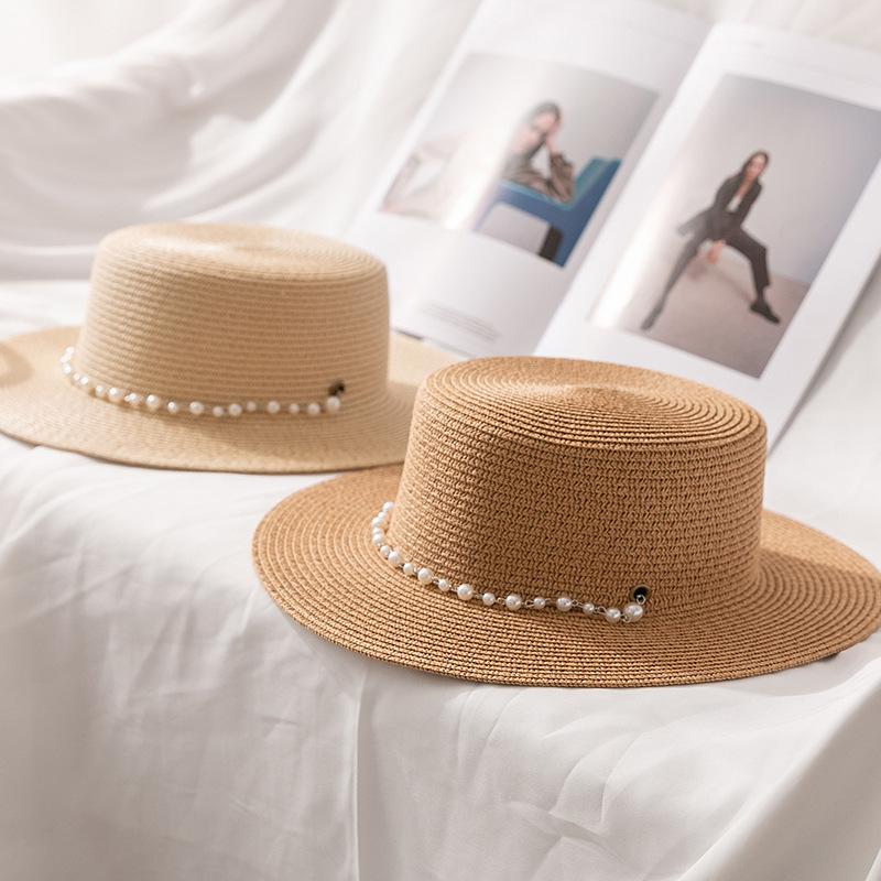 Summer Straw Sun Hat for Women - Faux Pearl Decorated, Stylish Protection for Face and Neck, Perfect for Outdoor Activities