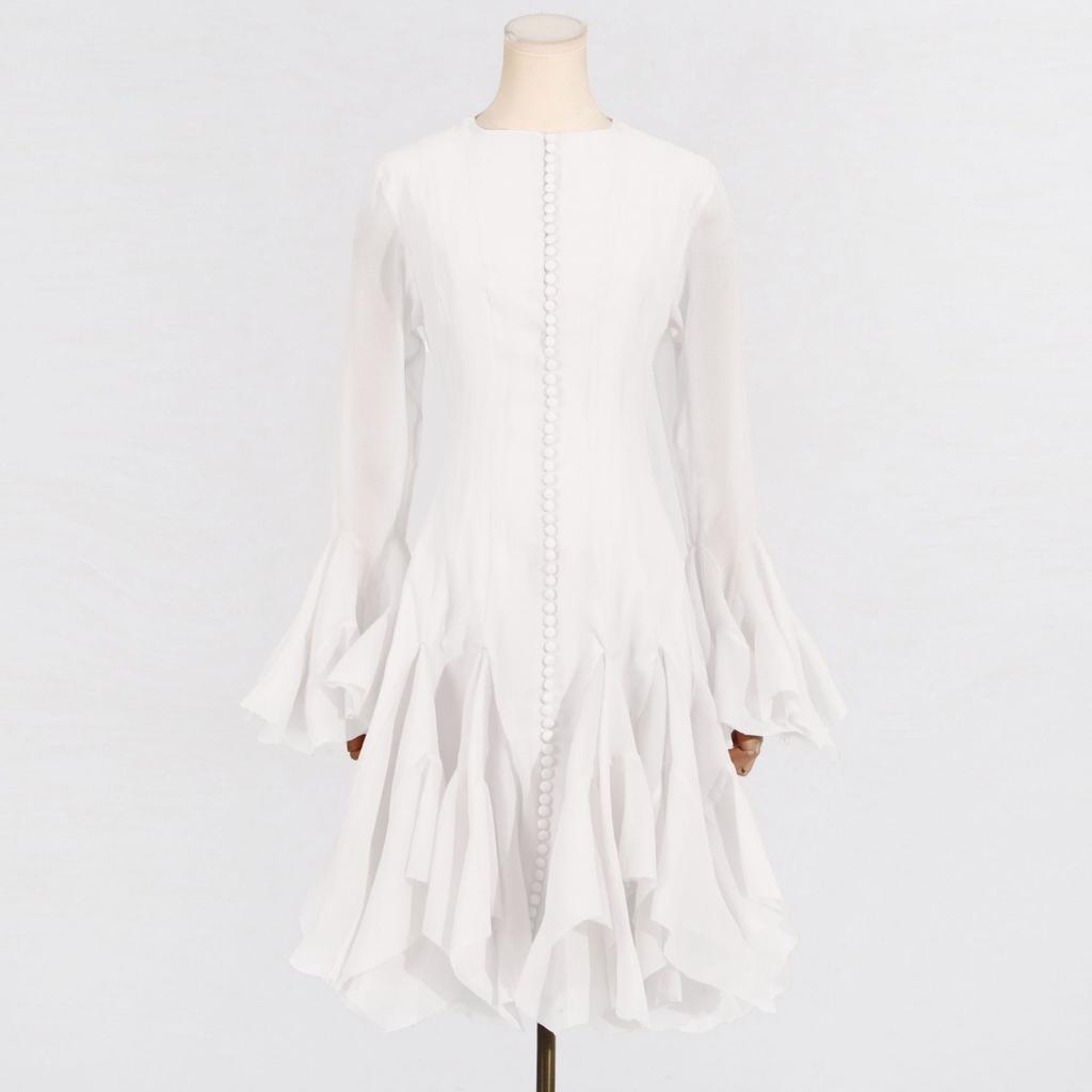 Solid Spliced Button Slimming Dresses for Women O Neck Long Sleeve High Waist Patchwork Ruffles Female Fashion New