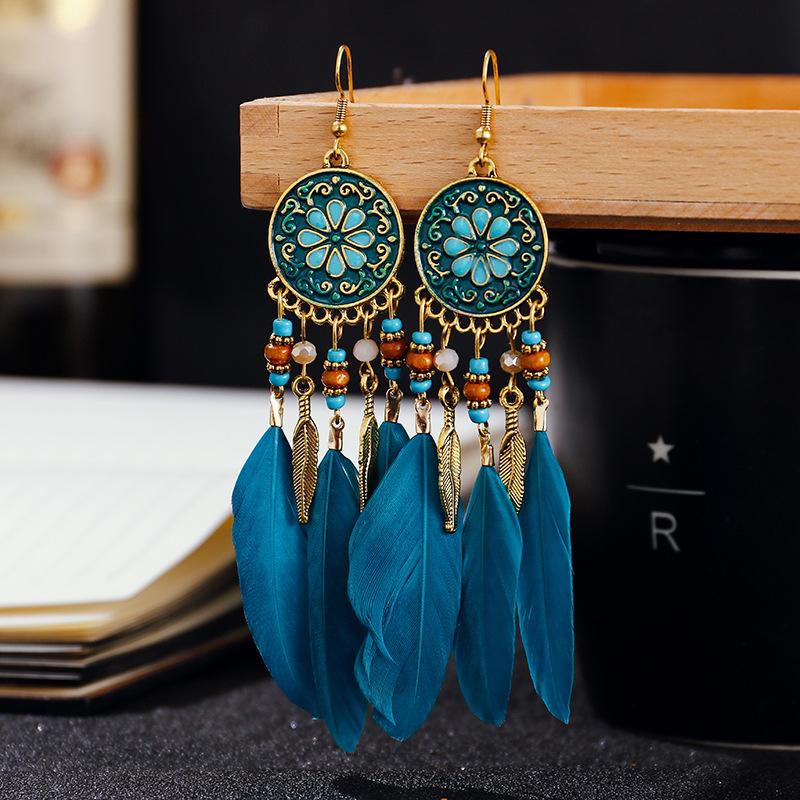 Bohemian Long Sun Flower Feather Earrings for Women Trendy Ethnic Retro Gold Color Chain Tassel Earring Wedding Vacation Jewelry