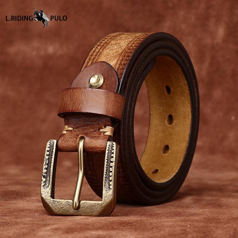Retro Personality Embossed Matte Leather Belt Men's First Layer Cowhide Casual Jeans Belt