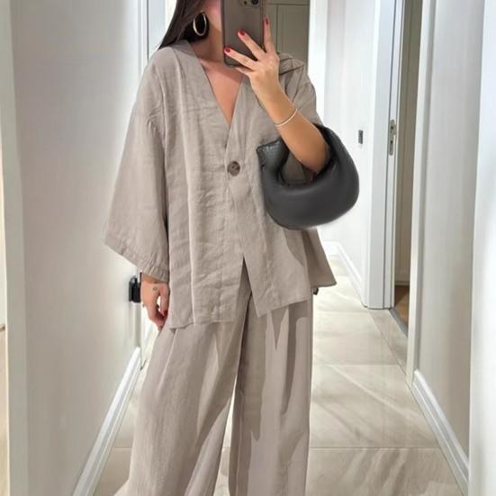 Conjunto de Duas Peças de Algodão Linho Feminino Manga Comprida Decote V Blusa com Botões Calças de Perna Larga Conjunto Casual de Roupa de Descanso