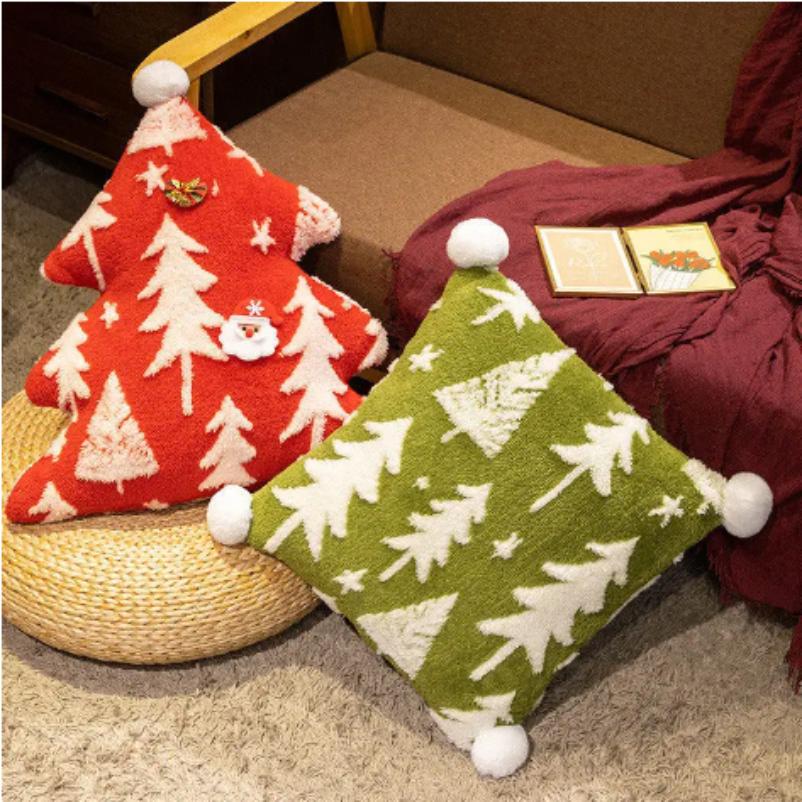 Christmas Red Green Pillow Cushion Plush Jacquard Christmas Tree Pillow Festive Decoration Throw Cushions Christmas Gifts