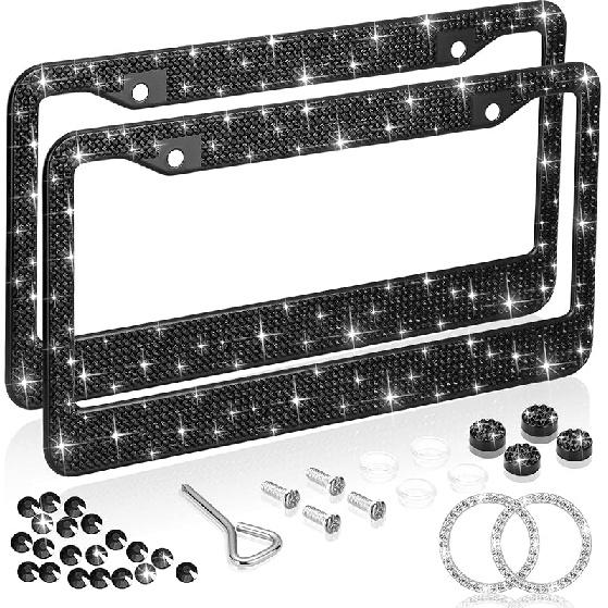Bling License Plate Frames for Women 2 Pack, Rhinestone Crystal License Plate Cover with Bolts Washer Caps Univerasl Bling Car Accessories for Girls