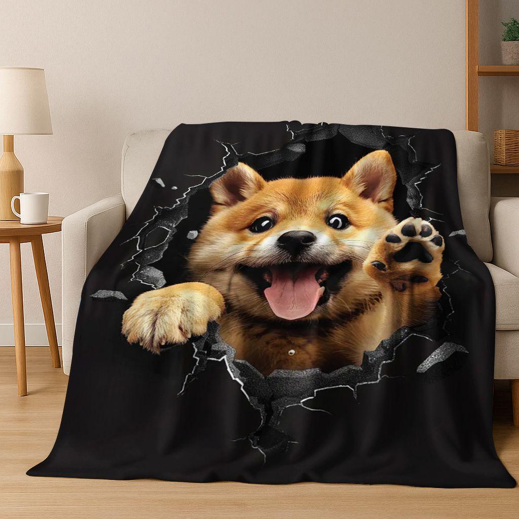 3D Illusion durchbrechende Wand Hund Welpe Niedliche Flanelldecke, Gemütliche Weiche Überwurfdecke für Zuhause Schlafzimmer Bett Sofa Picknick Abdeckung Geschenk Kind