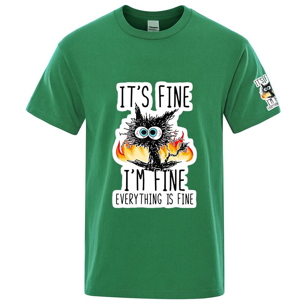 Funny Cool Cat 2025 Unisexs Everything Is Fine Logo Print Summer Refreshing and Non Stick To the Body Round Neck Tshirt