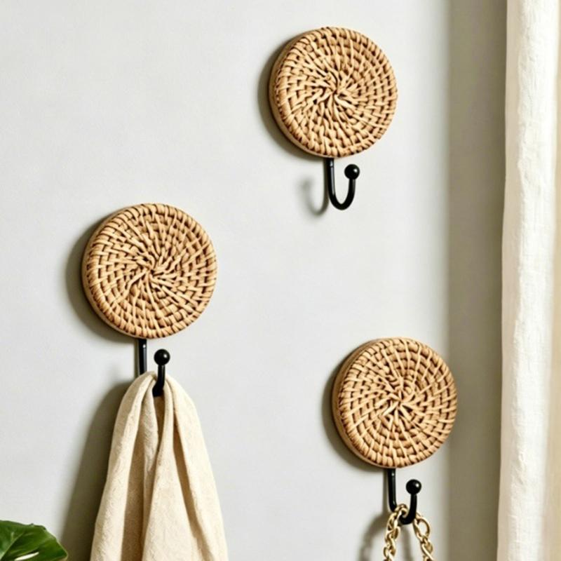Decorative Wall Hangers, Set of 2 with Round Textured Faces, Solid Wood Bases and Black Metal Arms for Towels, Robes, Bags, Hats and Keys