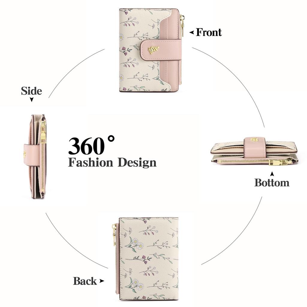 RNIEGA Women's Bifold Wallet, Compact and Lightweight, Wildflower Print, Coin Purse, Card Slots, Anti-Skimming, Stylish Floral Design