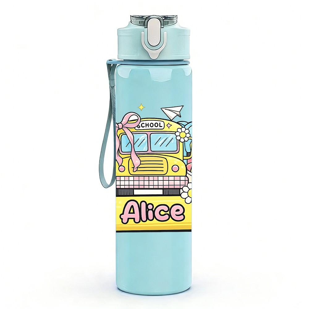 1PC Colorful Retro School Bus Cartoon Print 750ml Color Plastic Sports Water Bottle Leakproof Flip Straw Lid Suitable for Sports Office Home Use