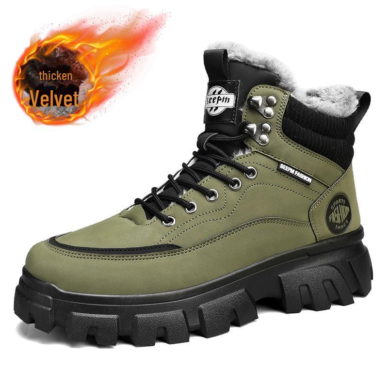 British Style Men's Winter High-Top Velvet Lace-Up Cotton Boots with Thick Soles