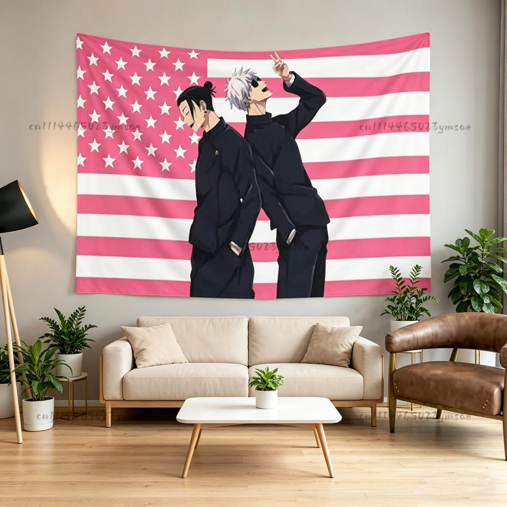 Anime Poster Tapestry White Hair Men Gojo Satoru Jujutsu Kaisen Pink USA Flags Wall Decor Fun Tapestries Wall Hanging Room Decor