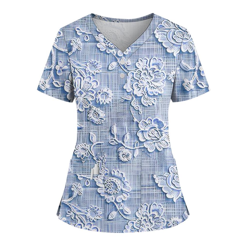 Women's Loose Short Sleeved Fashionable Flowers And Plants Printing V-neck Buttonable Side Slit Top T-shirt