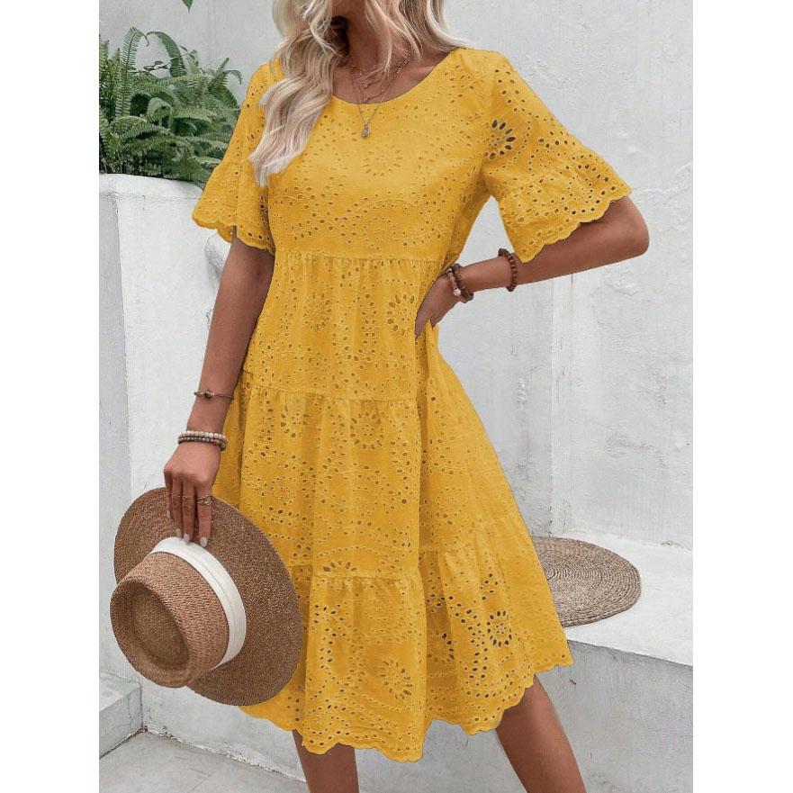 Women's Long Simple Casual Solid Hollow Out Pure Cotton Holiday Style High Waist Fashion Mid-Calf Summer Dresses